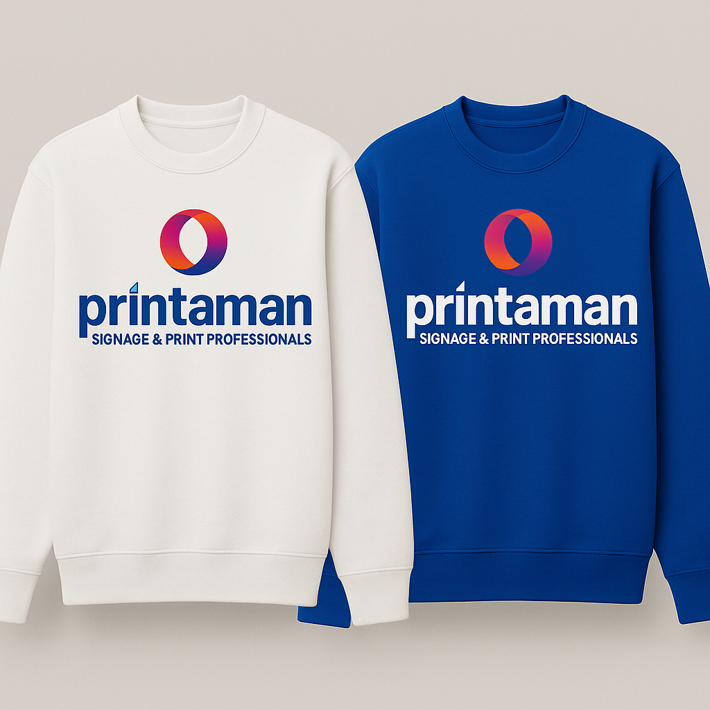 Printamans blue and white sweaters - printaman - signage | t shirts printing | promotional products | banner printing Printaman's white and blue sweaters