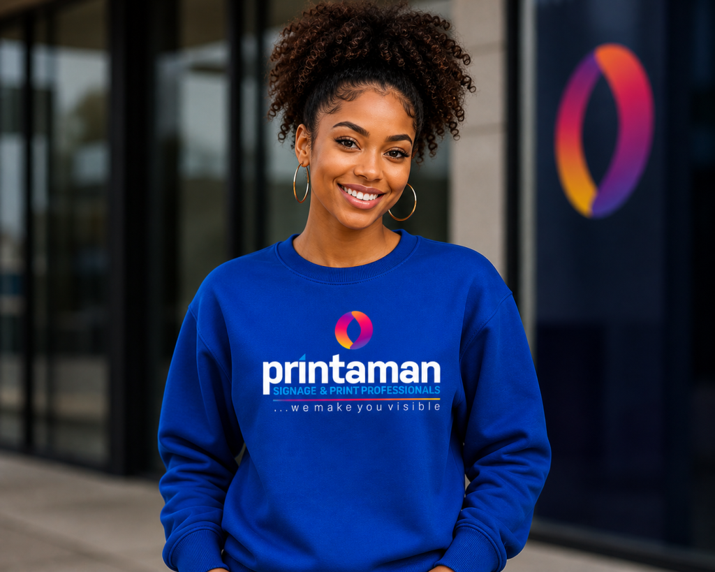 Black sweater with printaman's logo at the front